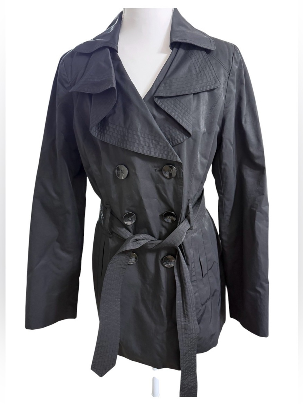 LONDON FOG BLACK DOUBLE BREASTED TRENCH COAT BELTED WOMEN’S SMALL JACKET - Picture 4 of 14